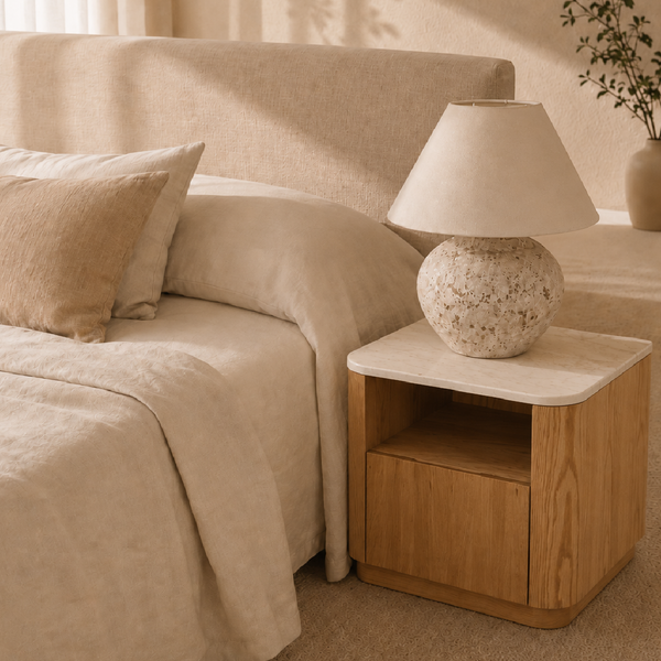 Thread Design Ashby Drawer Bedside with travertine top styled