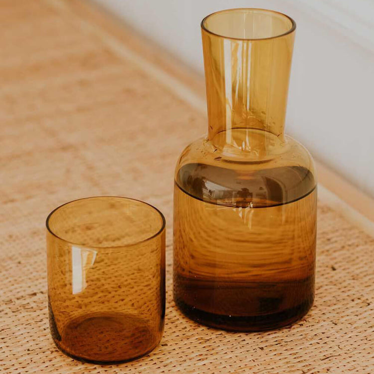 Amber Glass Water Carafe with Glass Tumbler